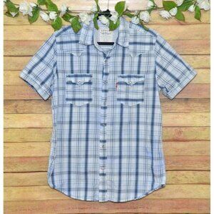 Levi’s Blue & White Plaid Pearl Snap Short Sleeve Button Up Western Shirt M